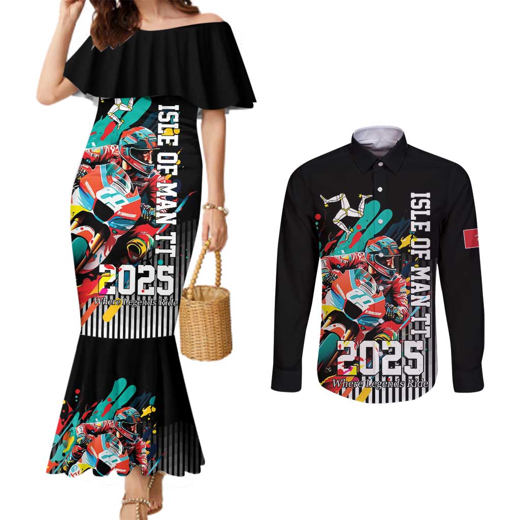 Personalized Isle of Man TT Couples Matching Mermaid Dress and Long Sleeve Button Shirt Motorcycle Racing