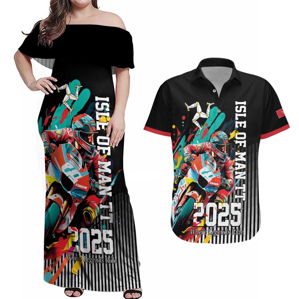Personalized Isle of Man TT Couples Matching Off Shoulder Maxi Dress and Hawaiian Shirt Motorcycle Racing