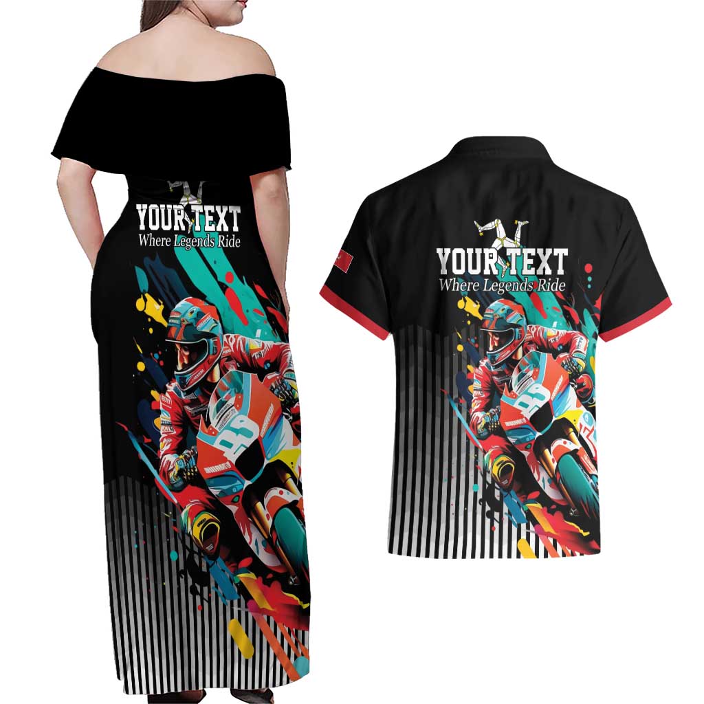 Personalized Isle of Man TT Couples Matching Off Shoulder Maxi Dress and Hawaiian Shirt Motorcycle Racing