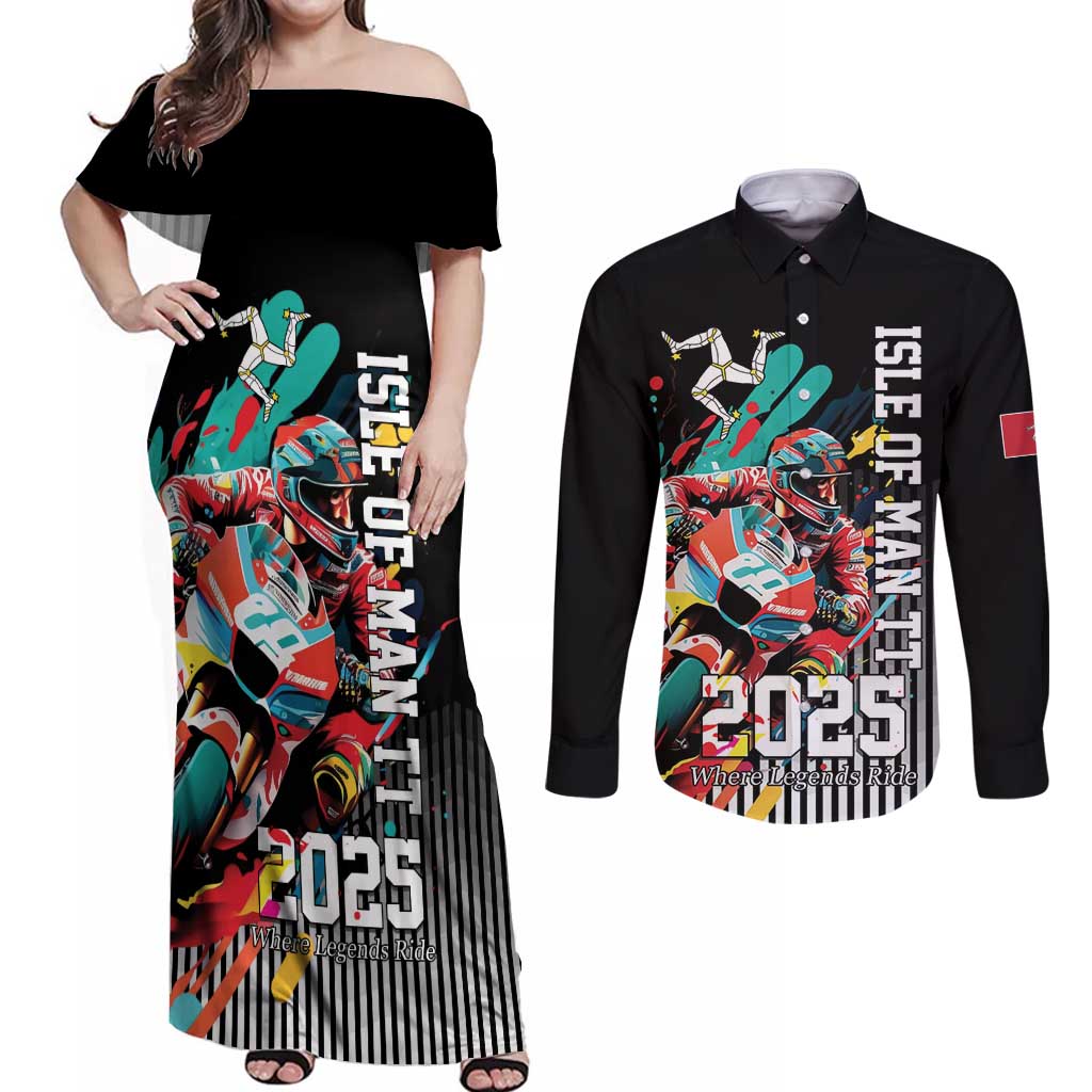 Personalized Isle of Man TT Couples Matching Off Shoulder Maxi Dress and Long Sleeve Button Shirt Motorcycle Racing