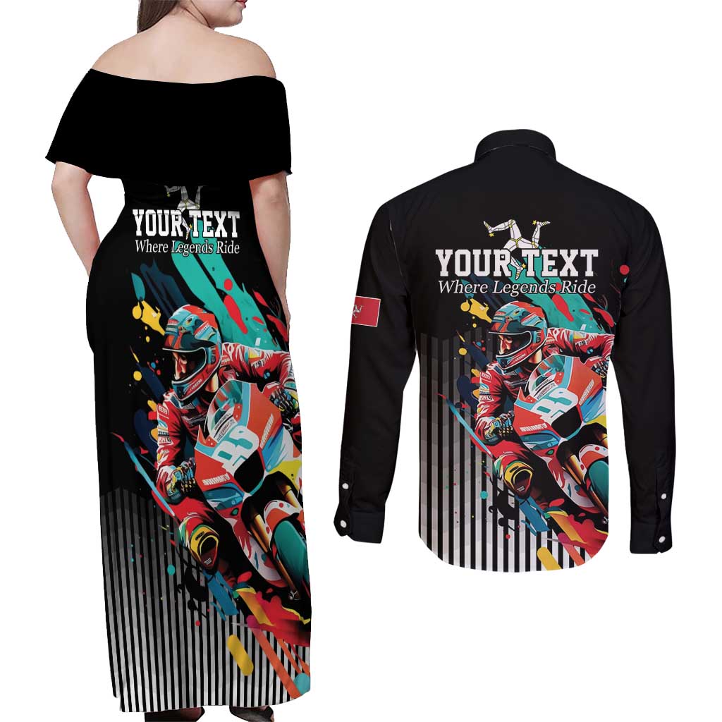 Personalized Isle of Man TT Couples Matching Off Shoulder Maxi Dress and Long Sleeve Button Shirt Motorcycle Racing
