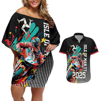 Personalized Isle of Man TT Couples Matching Off Shoulder Short Dress and Hawaiian Shirt Motorcycle Racing