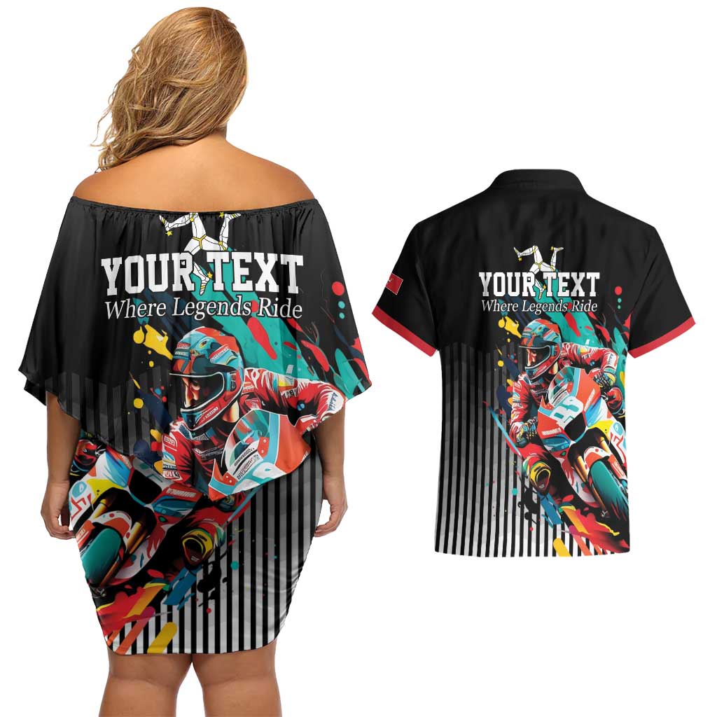 Personalized Isle of Man TT Couples Matching Off Shoulder Short Dress and Hawaiian Shirt Motorcycle Racing