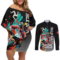 Personalized Isle of Man TT Couples Matching Off Shoulder Short Dress and Long Sleeve Button Shirt Motorcycle Racing