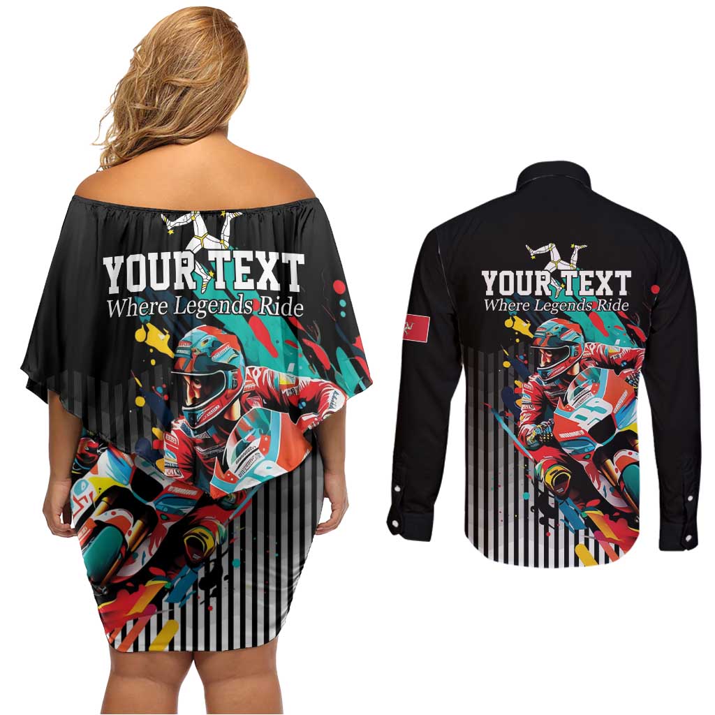 Personalized Isle of Man TT Couples Matching Off Shoulder Short Dress and Long Sleeve Button Shirt Motorcycle Racing