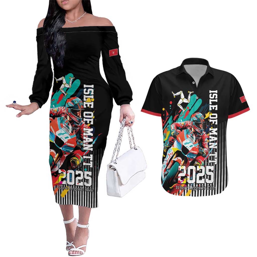 Personalized Isle of Man TT Couples Matching Off The Shoulder Long Sleeve Dress and Hawaiian Shirt Motorcycle Racing