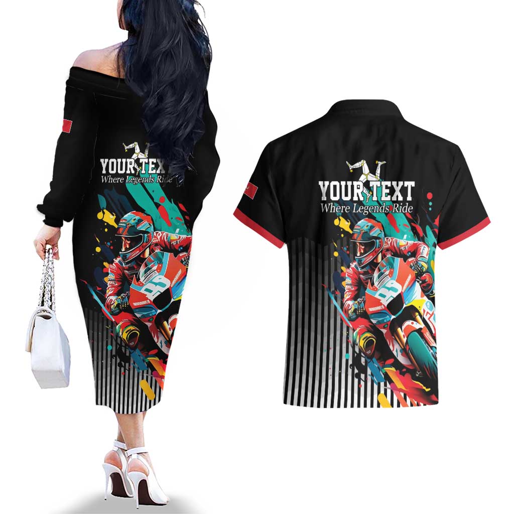 Personalized Isle of Man TT Couples Matching Off The Shoulder Long Sleeve Dress and Hawaiian Shirt Motorcycle Racing