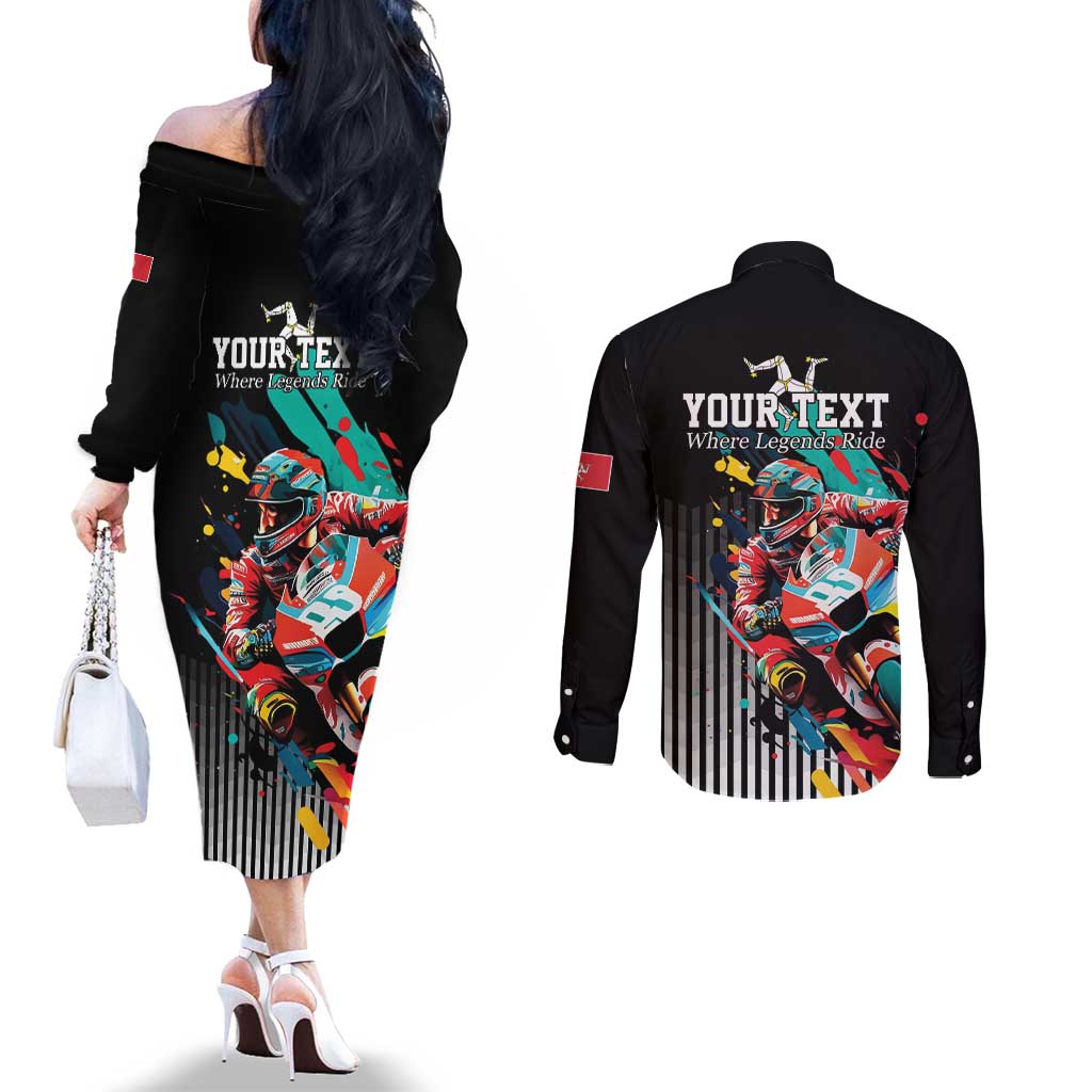 Personalized Isle of Man TT Couples Matching Off The Shoulder Long Sleeve Dress and Long Sleeve Button Shirt Motorcycle Racing
