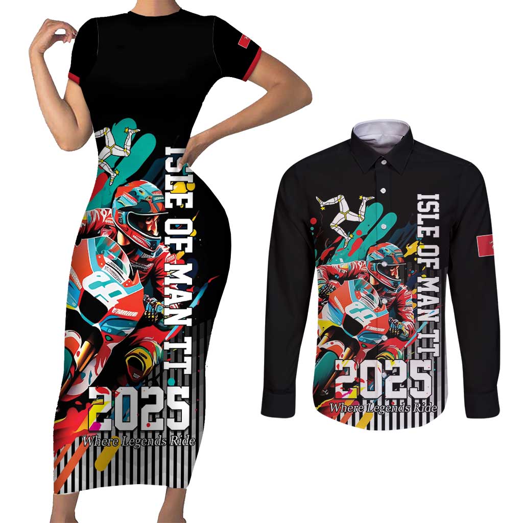 Personalized Isle of Man TT Couples Matching Short Sleeve Bodycon Dress and Long Sleeve Button Shirt Motorcycle Racing