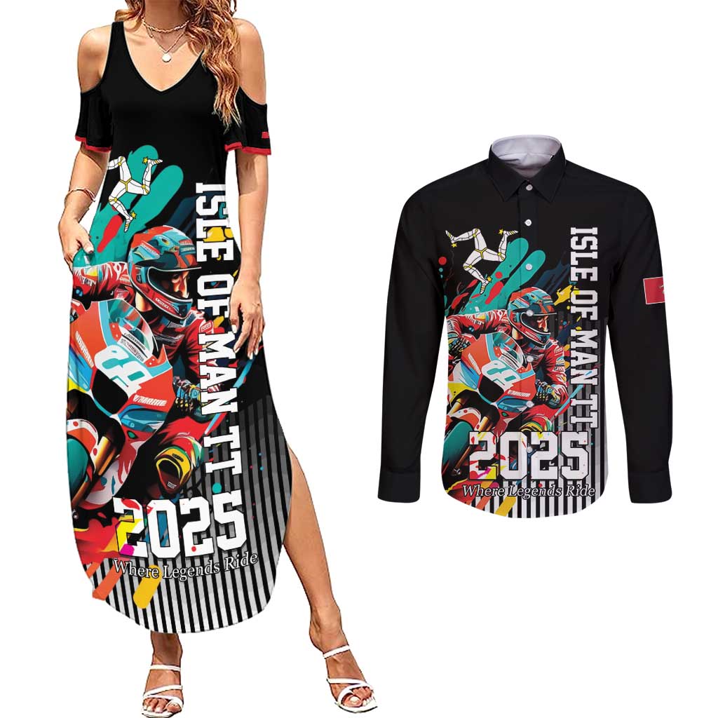 Personalized Isle of Man TT Couples Matching Summer Maxi Dress and Long Sleeve Button Shirt Motorcycle Racing