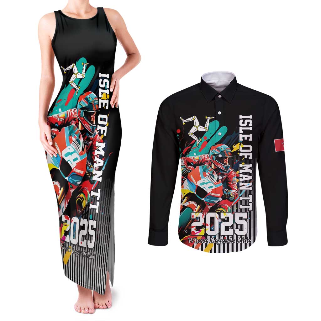 Personalized Isle of Man TT Couples Matching Tank Maxi Dress and Long Sleeve Button Shirt Motorcycle Racing