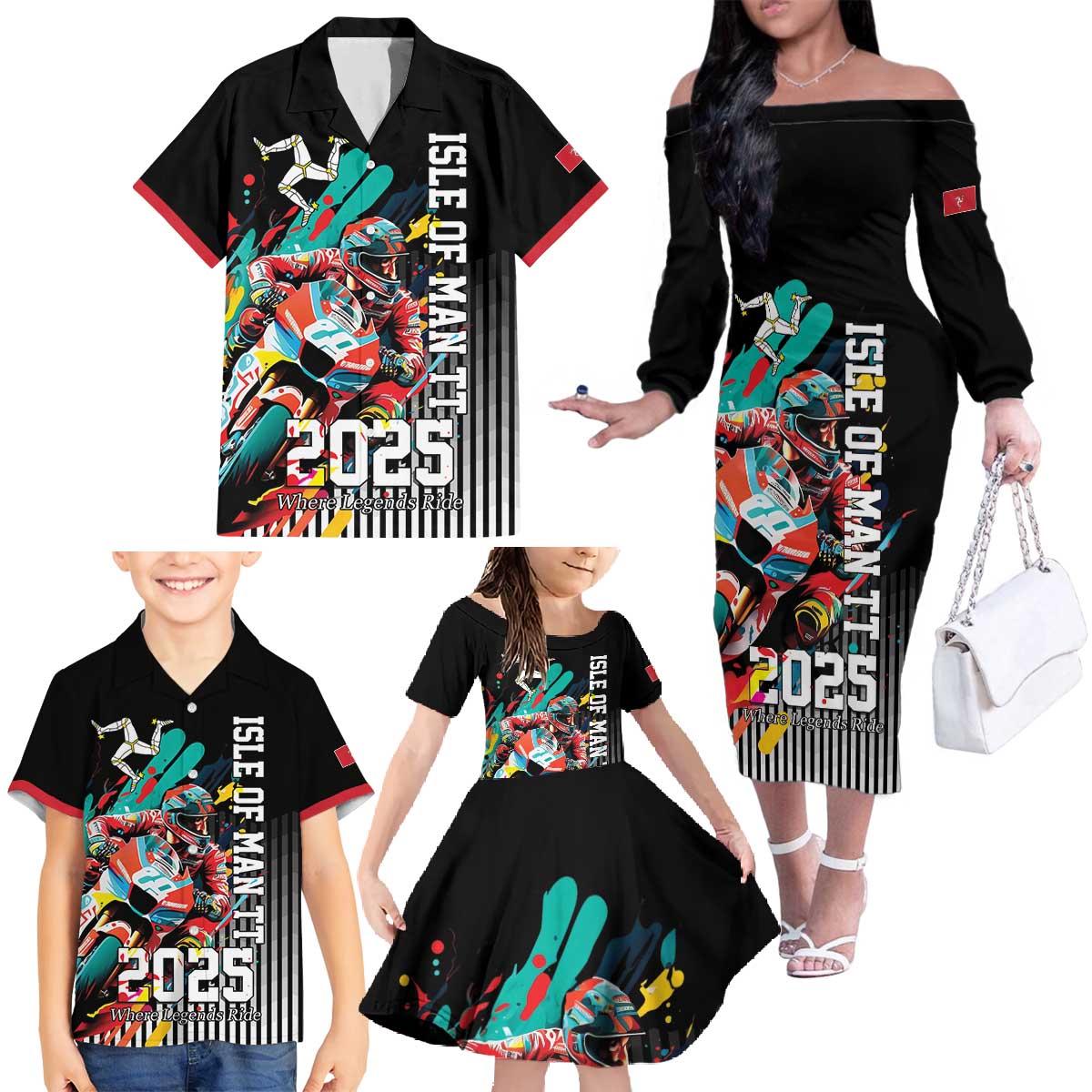 Personalized Isle of Man TT Family Matching Off The Shoulder Long Sleeve Dress and Hawaiian Shirt Motorcycle Racing