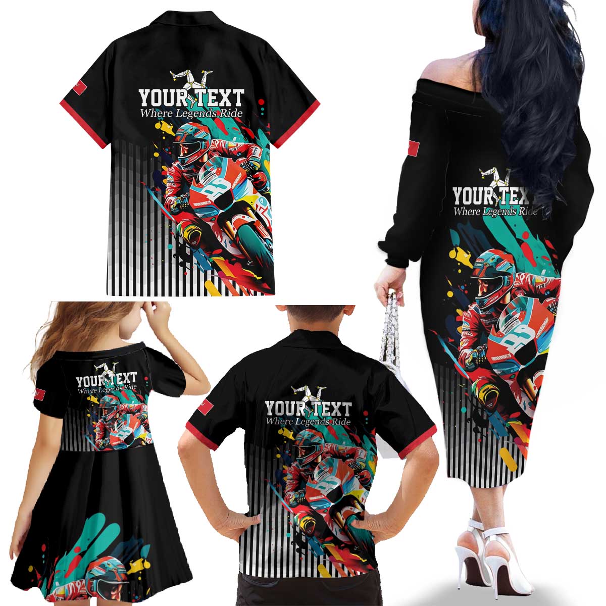 Personalized Isle of Man TT Family Matching Off The Shoulder Long Sleeve Dress and Hawaiian Shirt Motorcycle Racing