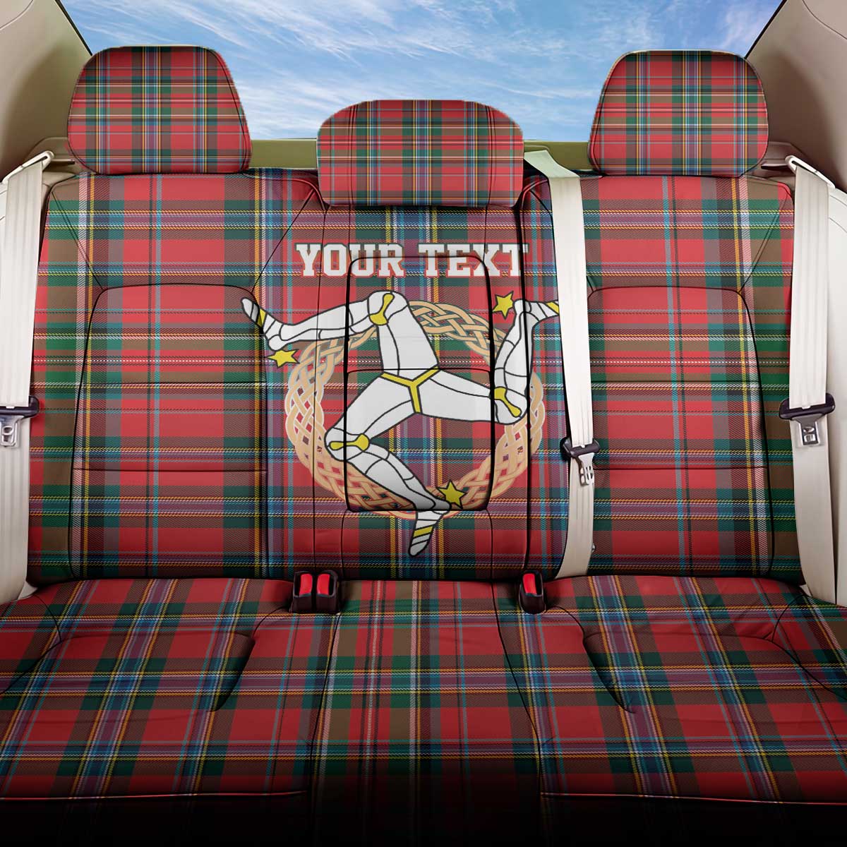 Personalized Isle of Man Triskelion Back Car Seat Cover Celtic Knots with Red Tartan