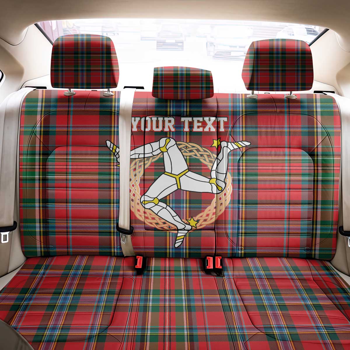 Personalized Isle of Man Triskelion Back Car Seat Cover Celtic Knots with Red Tartan