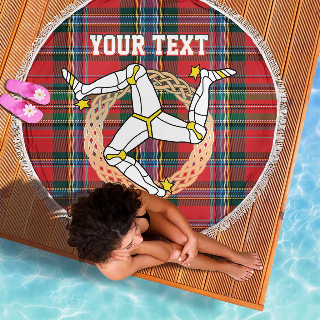 Personalized Isle of Man Triskelion Beach Blanket Celtic Knots with Red Tartan