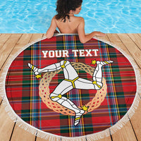 Personalized Isle of Man Triskelion Beach Blanket Celtic Knots with Red Tartan