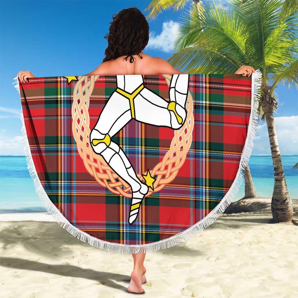 Personalized Isle of Man Triskelion Beach Blanket Celtic Knots with Red Tartan