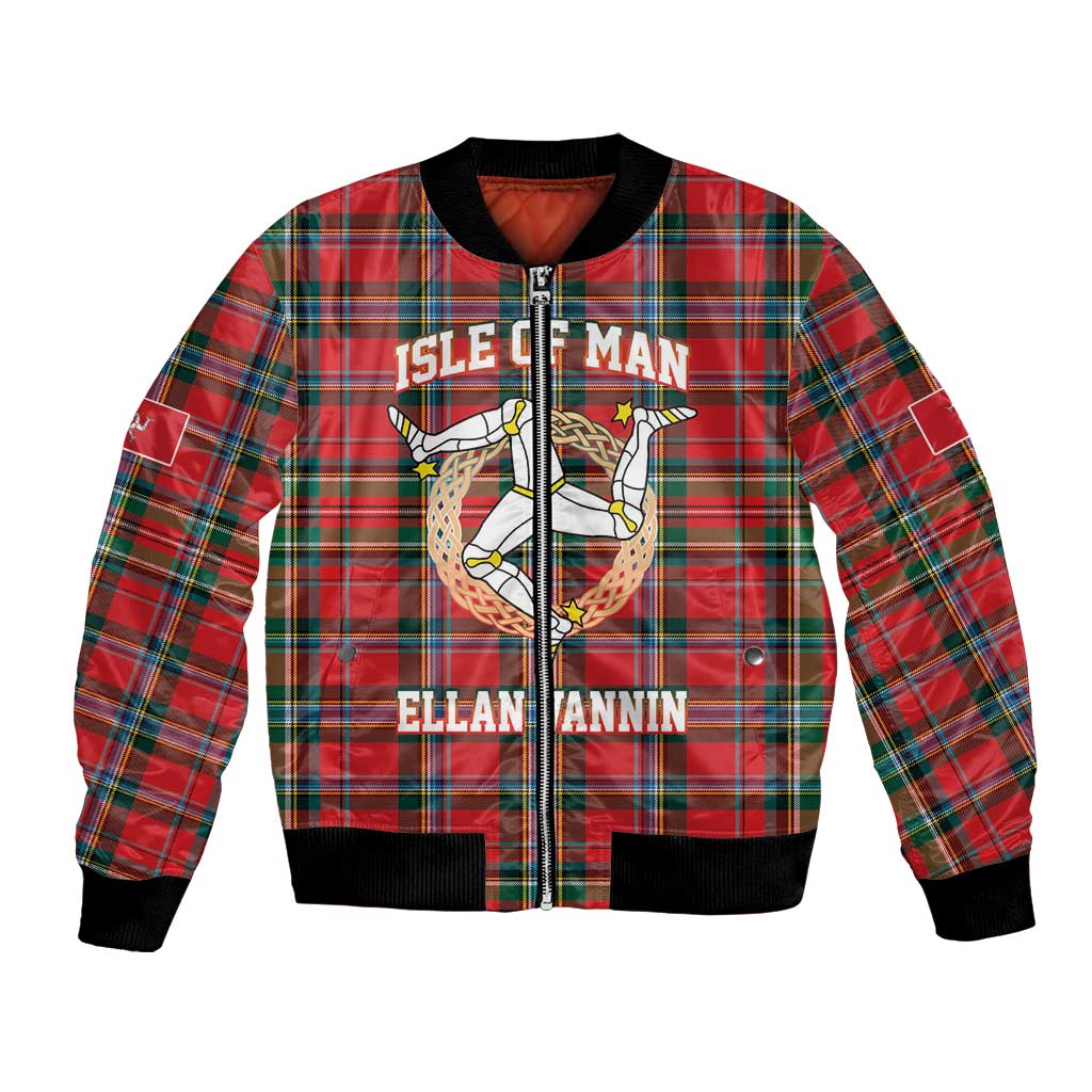 Personalized Isle of Man Triskelion Bomber Jacket Celtic Knots with Red Tartan