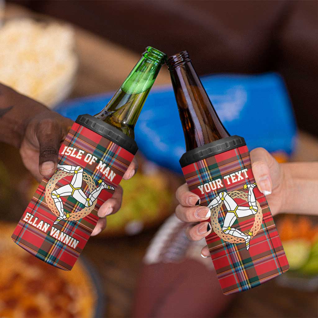 Personalized Isle of Man Triskelion 4 in 1 Can Cooler Tumbler Celtic Knots with Red Tartan