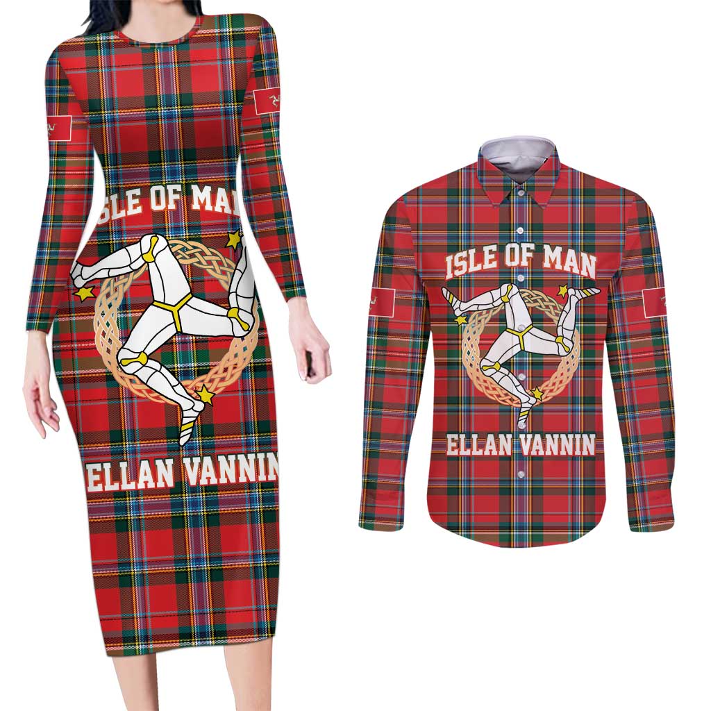 Personalized Isle of Man Triskelion Couples Matching Long Sleeve Bodycon Dress and Long Sleeve Button Shirt Celtic Knots with Red Tartan