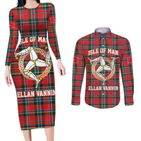 Personalized Isle of Man Triskelion Couples Matching Long Sleeve Bodycon Dress and Long Sleeve Button Shirt Celtic Knots with Red Tartan