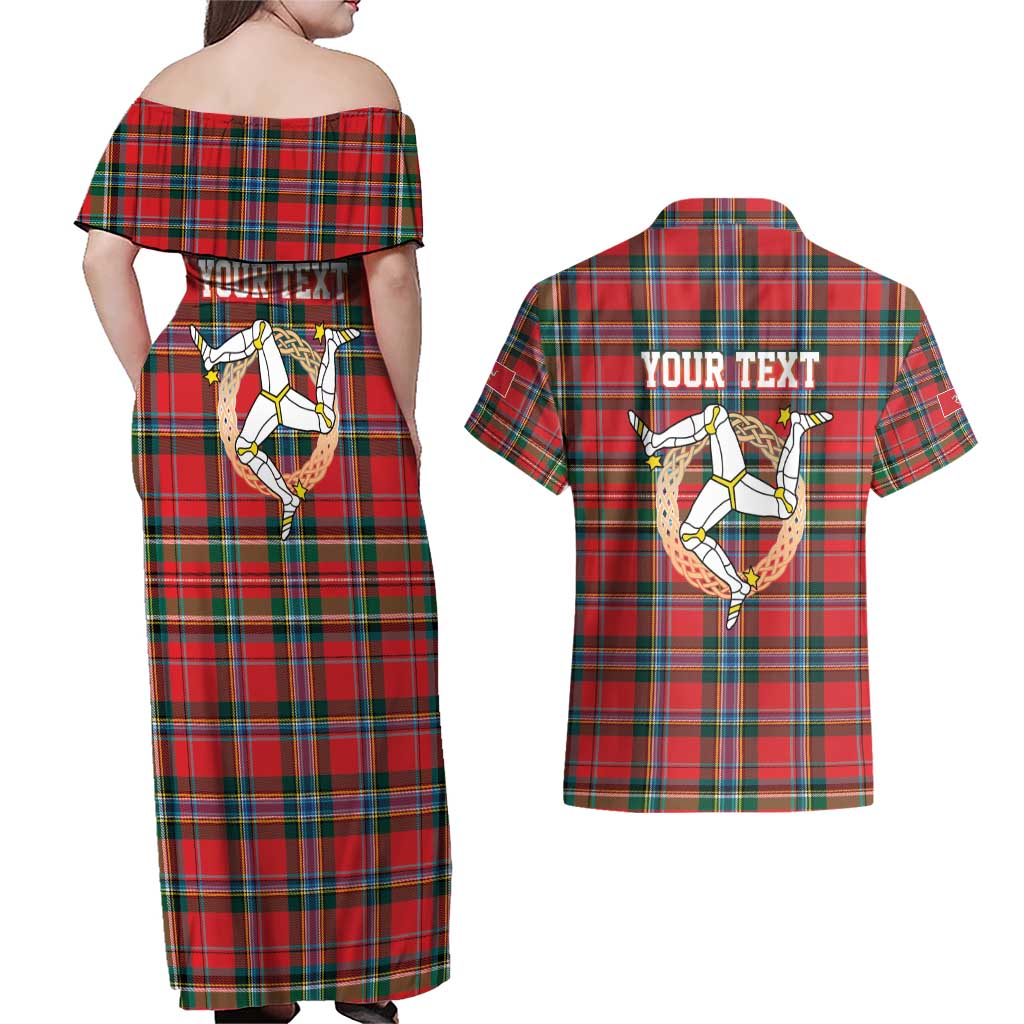 Personalized Isle of Man Triskelion Couples Matching Off Shoulder Maxi Dress and Hawaiian Shirt Celtic Knots with Red Tartan