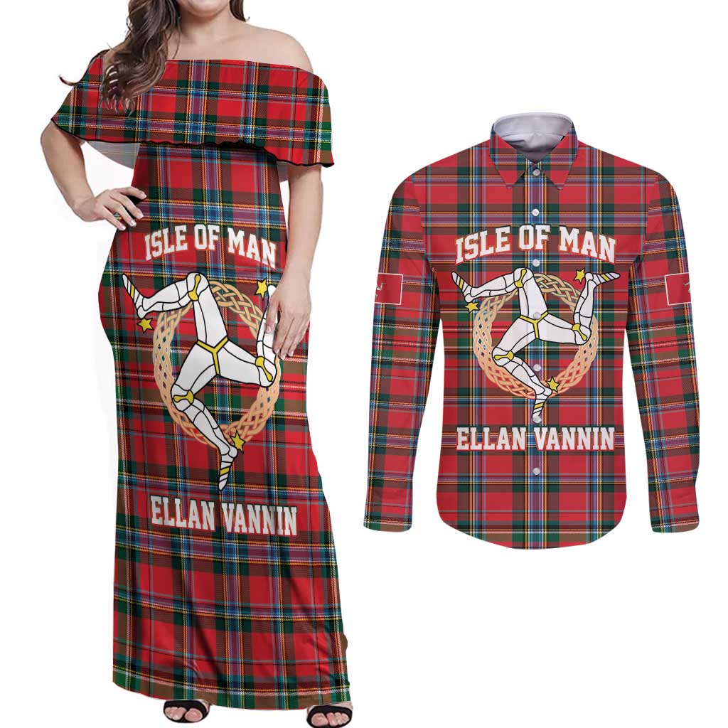 Personalized Isle of Man Triskelion Couples Matching Off Shoulder Maxi Dress and Long Sleeve Button Shirt Celtic Knots with Red Tartan
