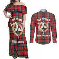 Personalized Isle of Man Triskelion Couples Matching Off Shoulder Maxi Dress and Long Sleeve Button Shirt Celtic Knots with Red Tartan