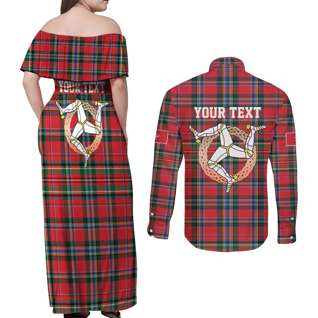 Personalized Isle of Man Triskelion Couples Matching Off Shoulder Maxi Dress and Long Sleeve Button Shirt Celtic Knots with Red Tartan