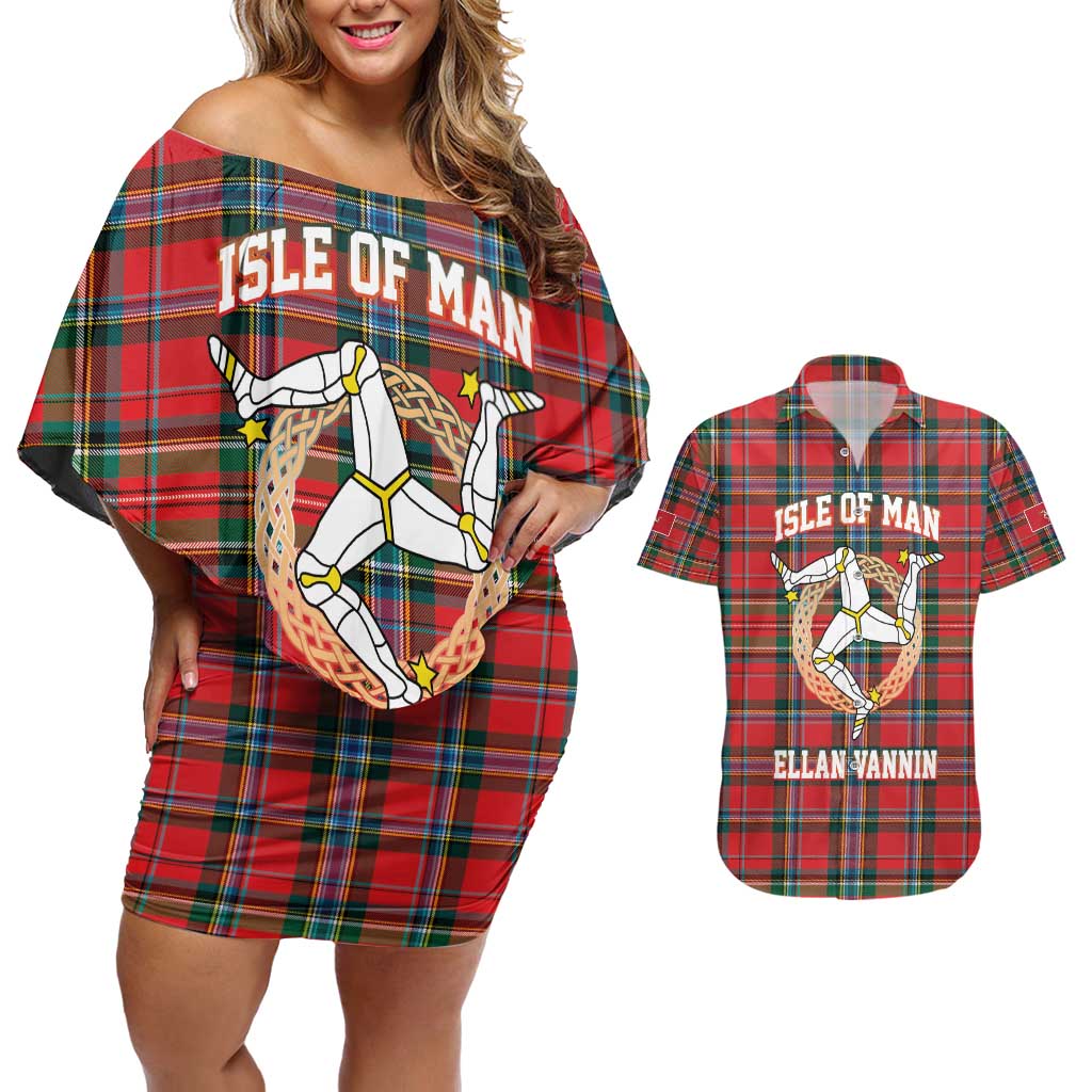 Personalized Isle of Man Triskelion Couples Matching Off Shoulder Short Dress and Hawaiian Shirt Celtic Knots with Red Tartan