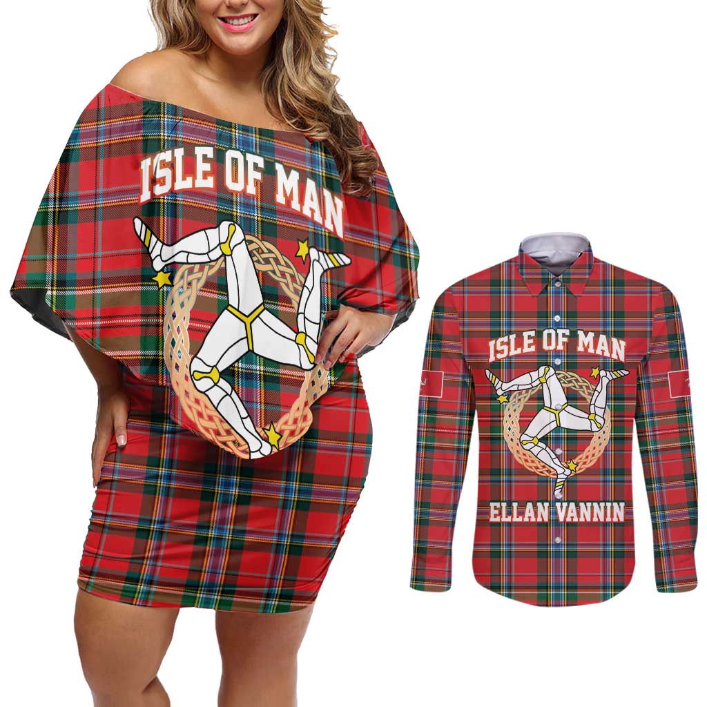 Personalized Isle of Man Triskelion Couples Matching Off Shoulder Short Dress and Long Sleeve Button Shirt Celtic Knots with Red Tartan