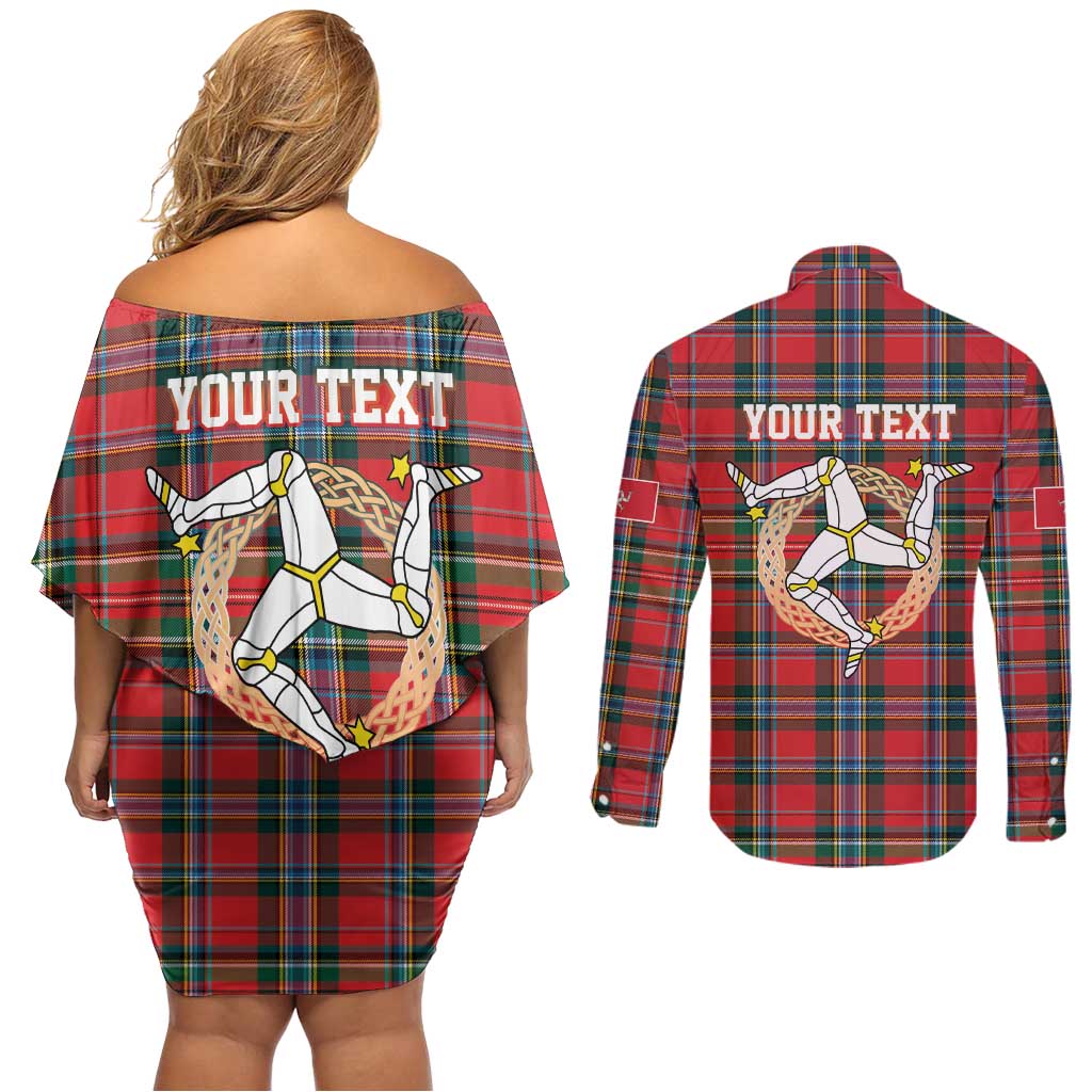 Personalized Isle of Man Triskelion Couples Matching Off Shoulder Short Dress and Long Sleeve Button Shirt Celtic Knots with Red Tartan