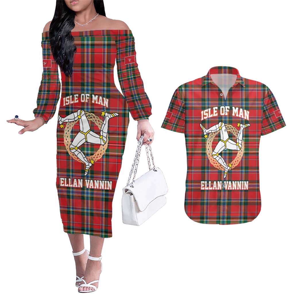 Personalized Isle of Man Triskelion Couples Matching Off The Shoulder Long Sleeve Dress and Hawaiian Shirt Celtic Knots with Red Tartan