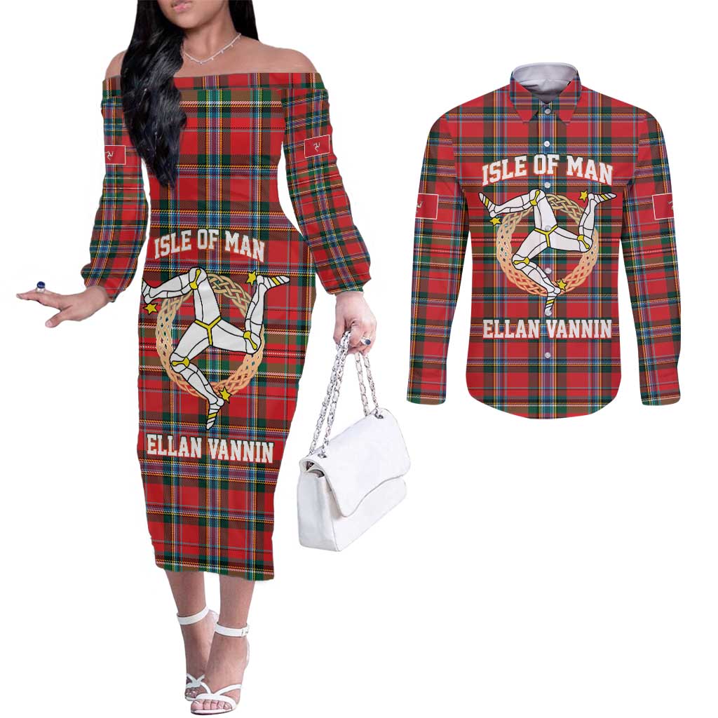 Personalized Isle of Man Triskelion Couples Matching Off The Shoulder Long Sleeve Dress and Long Sleeve Button Shirt Celtic Knots with Red Tartan