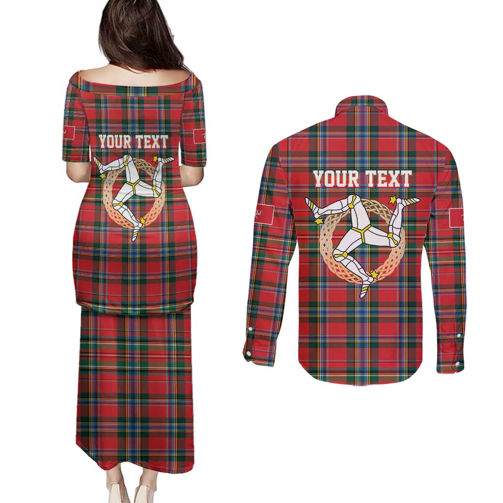 Personalized Isle of Man Triskelion Couples Matching Puletasi and Long Sleeve Button Shirt Celtic Knots with Red Tartan