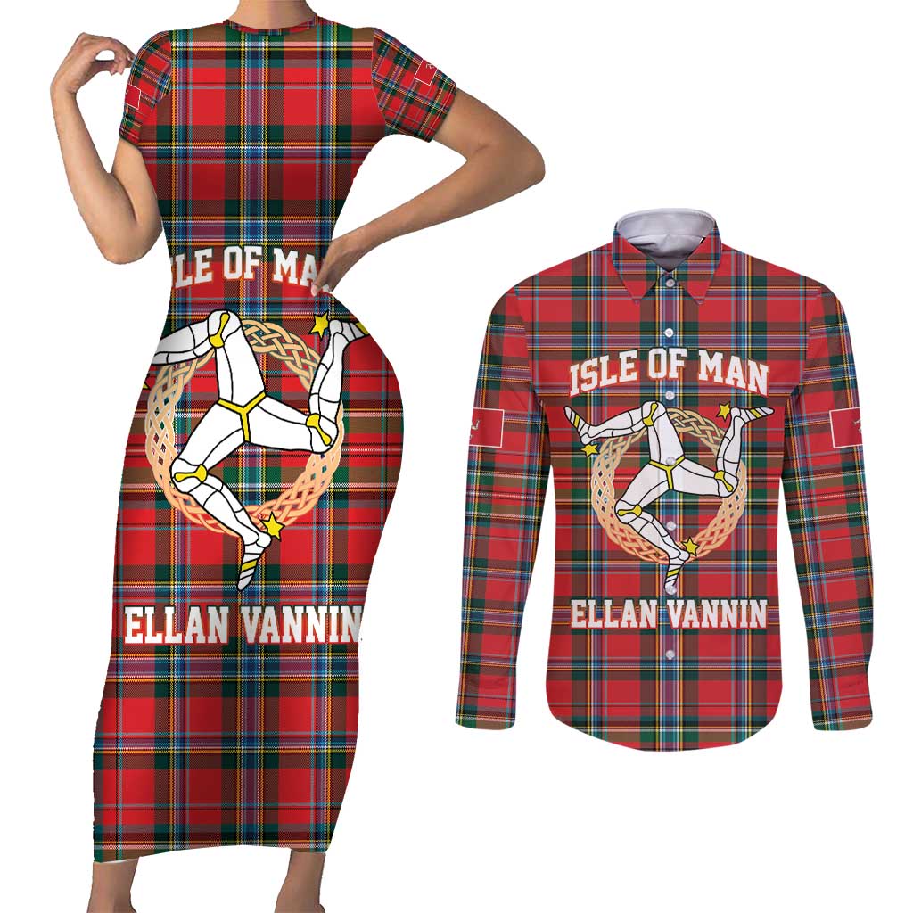 Personalized Isle of Man Triskelion Couples Matching Short Sleeve Bodycon Dress and Long Sleeve Button Shirt Celtic Knots with Red Tartan