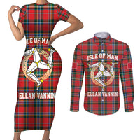 Personalized Isle of Man Triskelion Couples Matching Short Sleeve Bodycon Dress and Long Sleeve Button Shirt Celtic Knots with Red Tartan
