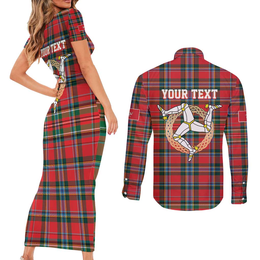 Personalized Isle of Man Triskelion Couples Matching Short Sleeve Bodycon Dress and Long Sleeve Button Shirt Celtic Knots with Red Tartan