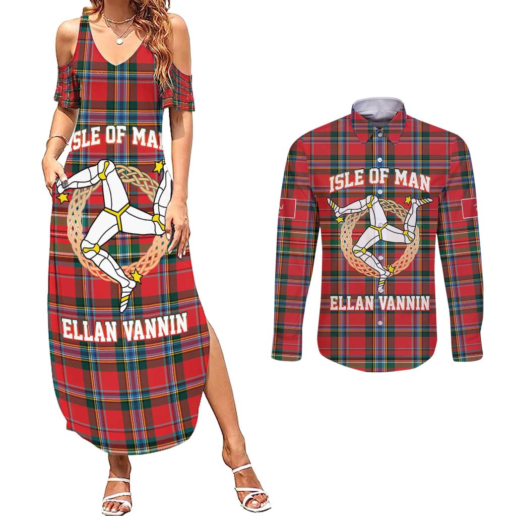Personalized Isle of Man Triskelion Couples Matching Summer Maxi Dress and Long Sleeve Button Shirt Celtic Knots with Red Tartan