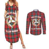 Personalized Isle of Man Triskelion Couples Matching Summer Maxi Dress and Long Sleeve Button Shirt Celtic Knots with Red Tartan