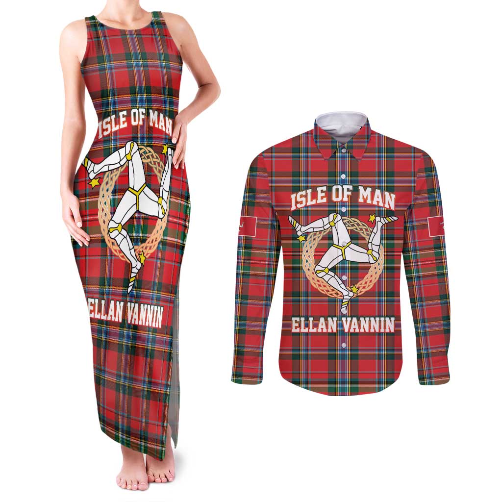 Personalized Isle of Man Triskelion Couples Matching Tank Maxi Dress and Long Sleeve Button Shirt Celtic Knots with Red Tartan
