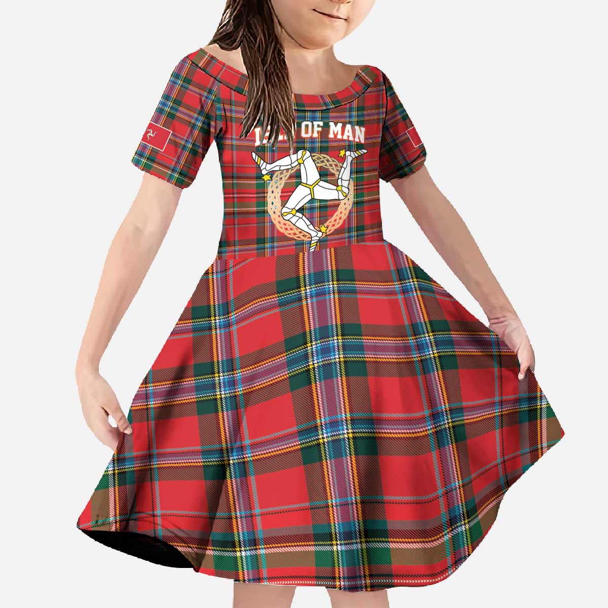 Personalized Isle of Man Triskelion Family Matching Off The Shoulder Long Sleeve Dress and Hawaiian Shirt Celtic Knots with Red Tartan