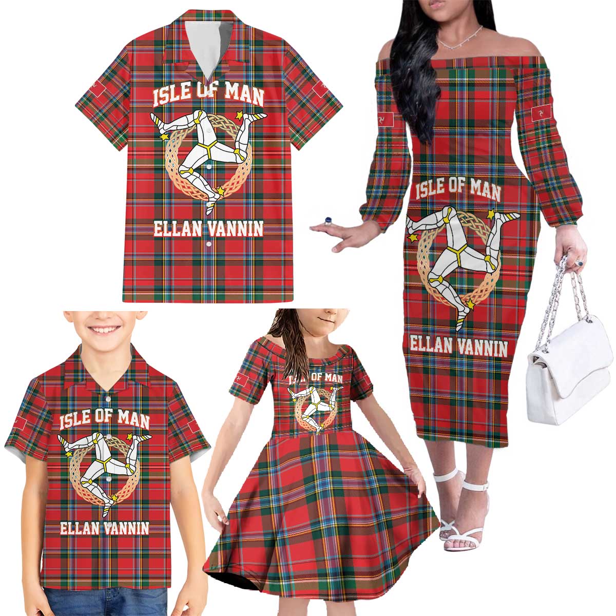 Personalized Isle of Man Triskelion Family Matching Off The Shoulder Long Sleeve Dress and Hawaiian Shirt Celtic Knots with Red Tartan