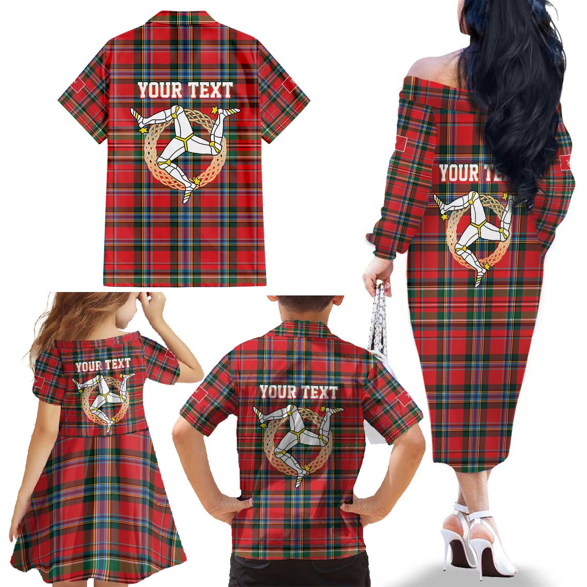 Personalized Isle of Man Triskelion Family Matching Off The Shoulder Long Sleeve Dress and Hawaiian Shirt Celtic Knots with Red Tartan