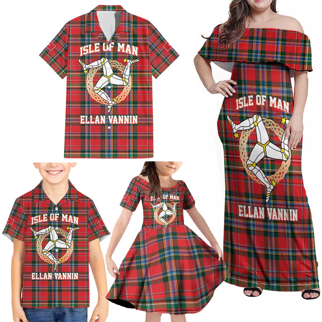 Personalized Isle of Man Triskelion Family Matching Off Shoulder Maxi Dress and Hawaiian Shirt Celtic Knots with Red Tartan