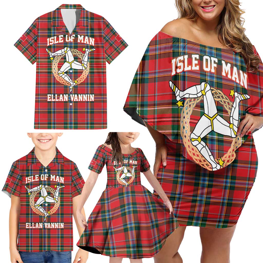 Personalized Isle of Man Triskelion Family Matching Off Shoulder Short Dress and Hawaiian Shirt Celtic Knots with Red Tartan