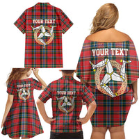Personalized Isle of Man Triskelion Family Matching Off Shoulder Short Dress and Hawaiian Shirt Celtic Knots with Red Tartan