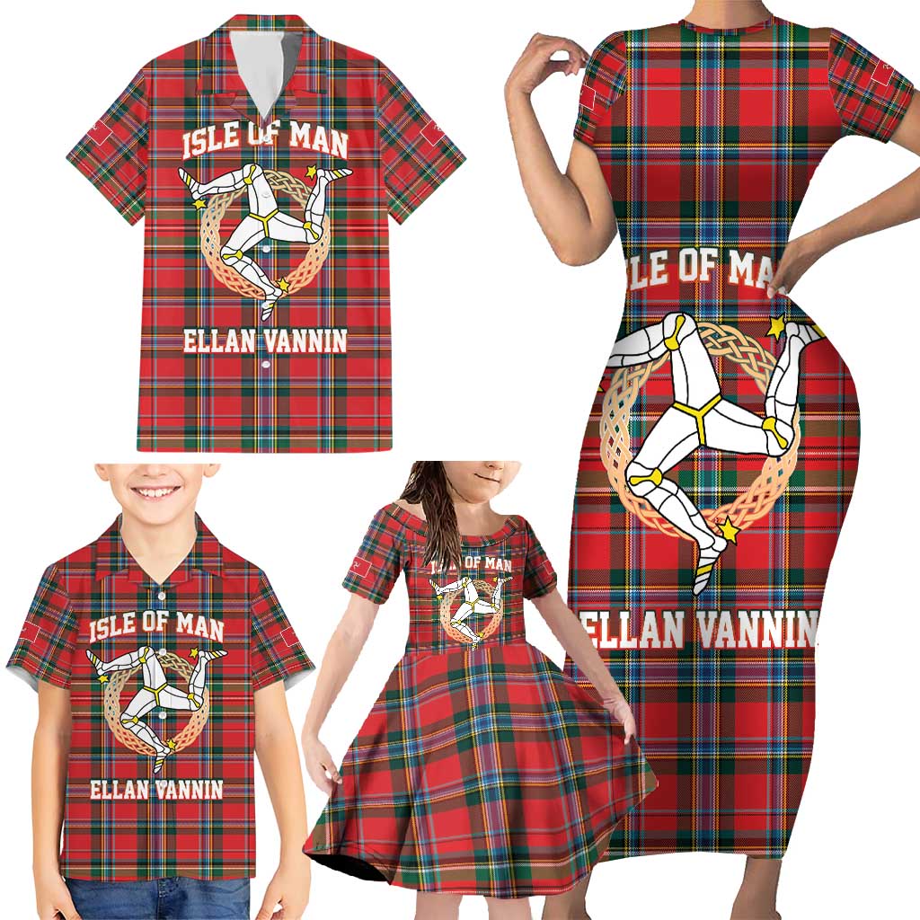 Personalized Isle of Man Triskelion Family Matching Short Sleeve Bodycon Dress and Hawaiian Shirt Celtic Knots with Red Tartan