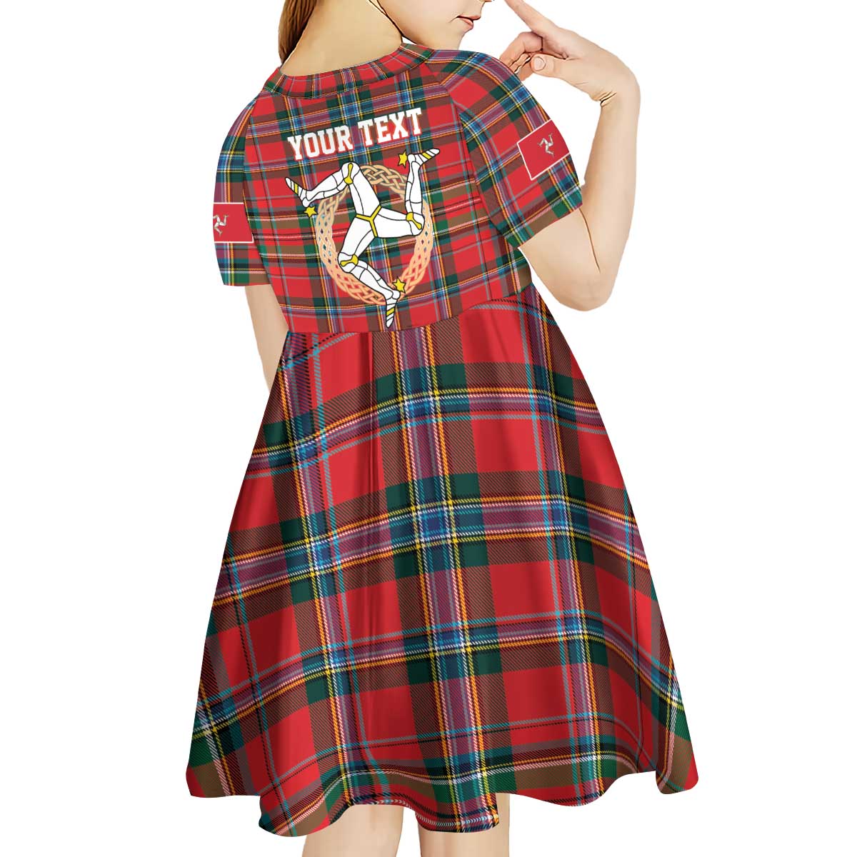 Personalized Isle of Man Triskelion Kid Short Sleeve Dress Celtic Knots with Red Tartan